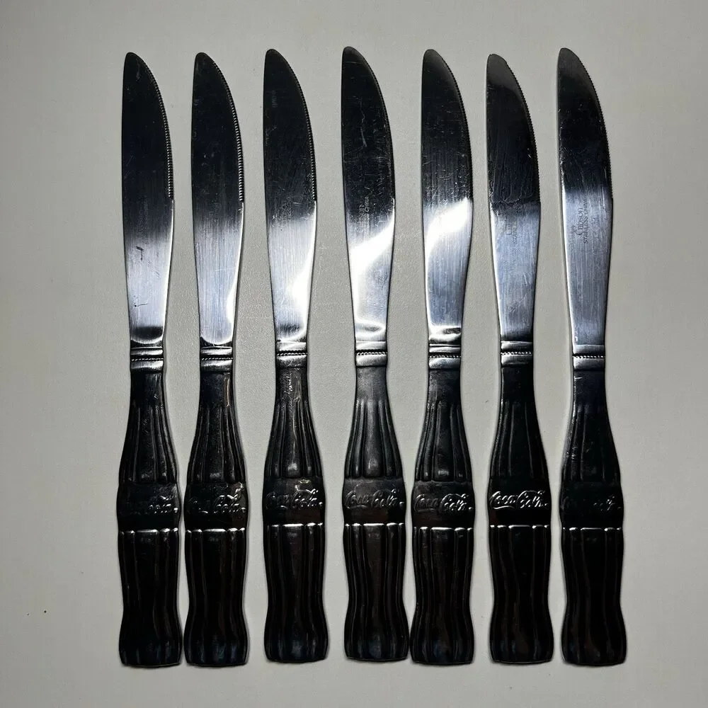 Lot of 7 Vtg Gibson Coca Cola Stainless Steel Dinner Knives Coke Bottle 8,5”